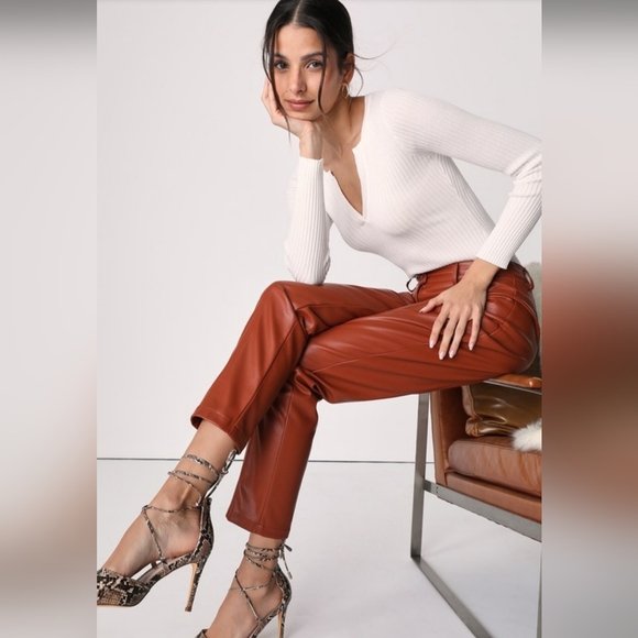 NWT Lulus vegan leather brown high-waisted pants - Picture 2 of 5